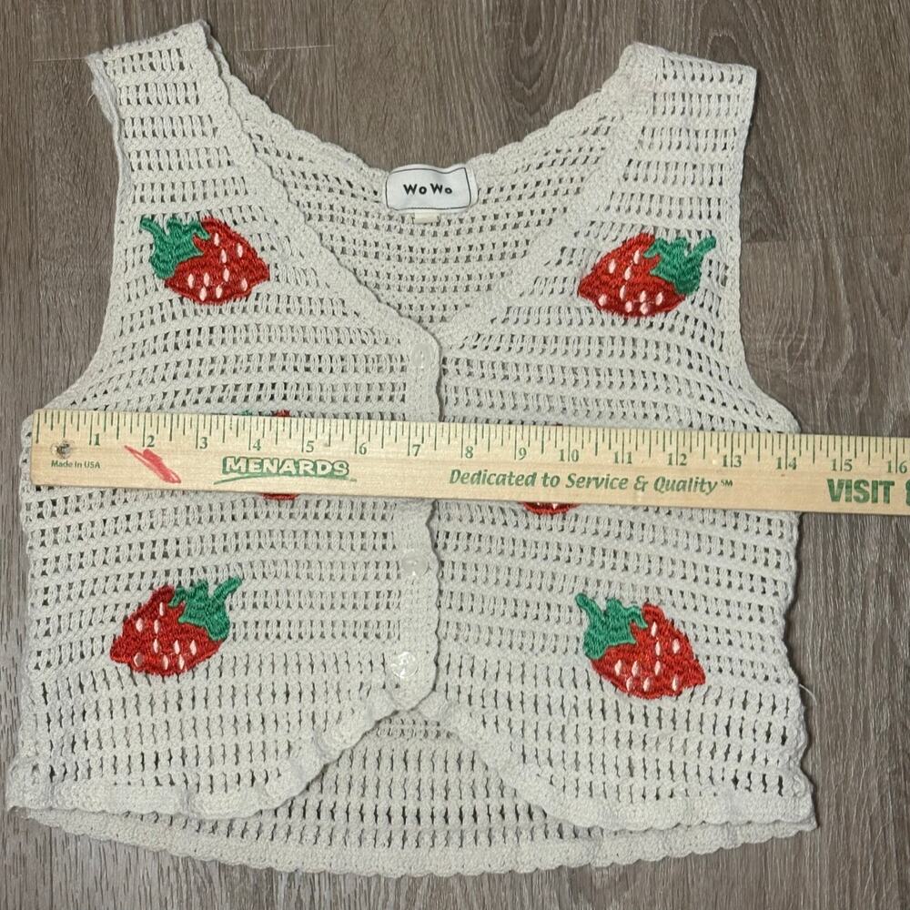 WoWo Strawberry Crochet Cardigan Vest Size Small 100% Cotton Button Front Boho - Picture 4 of 10